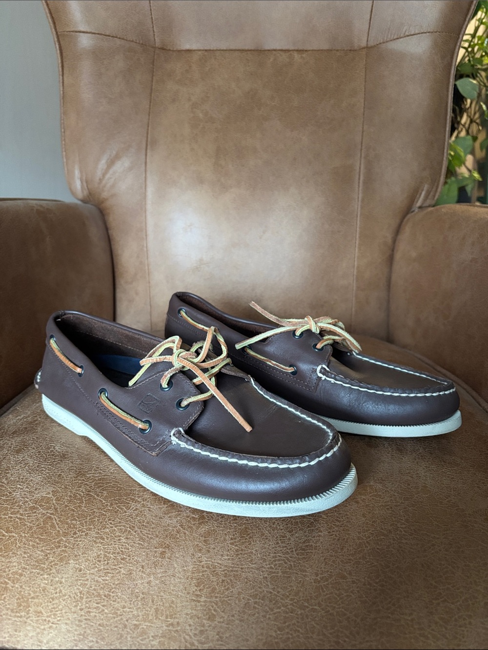 Sperry Brown Leather Boat Shoes with White Sole
